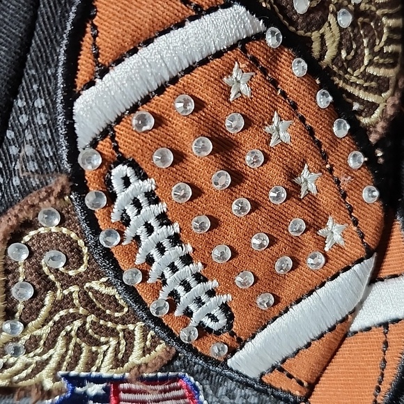 EMBROIDERED FOOTBALL ANGEL WINGS STARS DISTRESSED RHINESTONES CADET CAP HAT - Picture 4 of 15